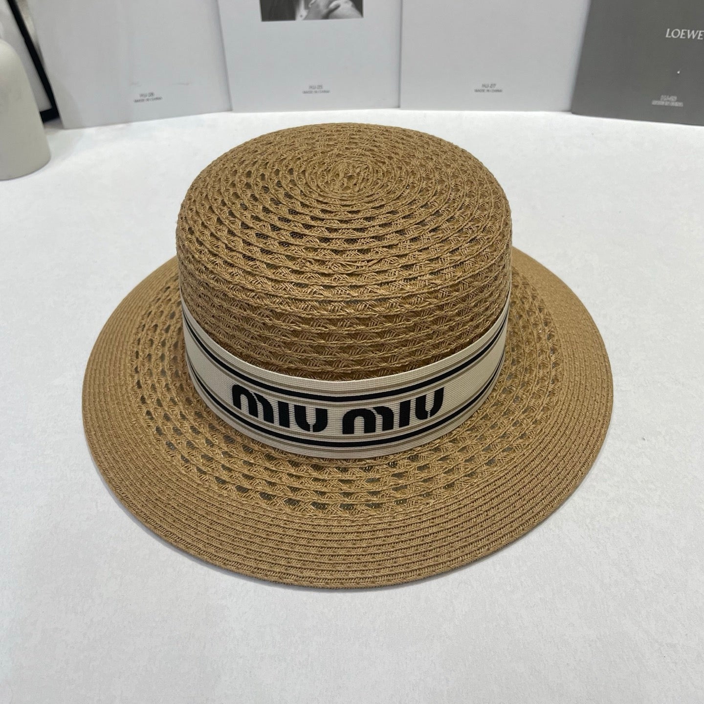 MIUMIU 26S STRAW BOATER HAT IN BROWN 343687