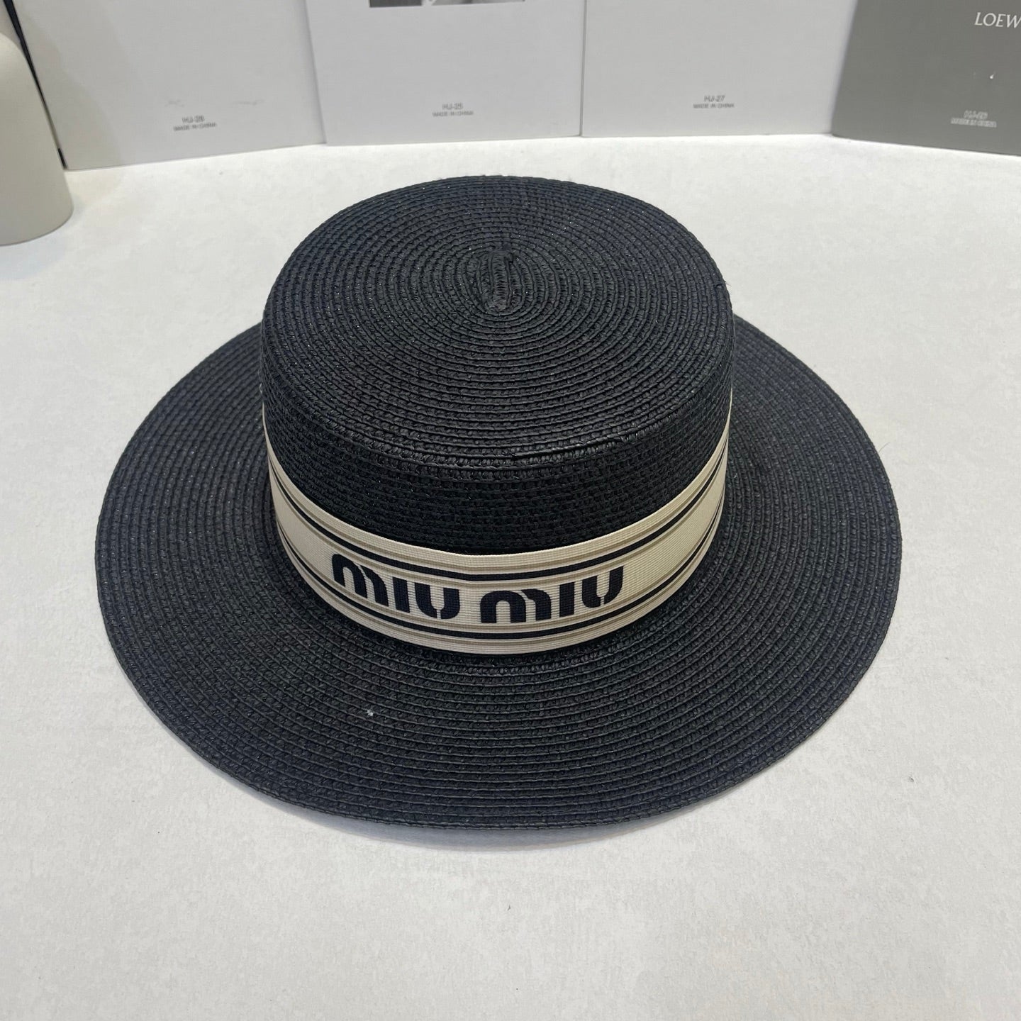 MIUMIU 26S STRAW BOATER HAT IN BLACK 343685