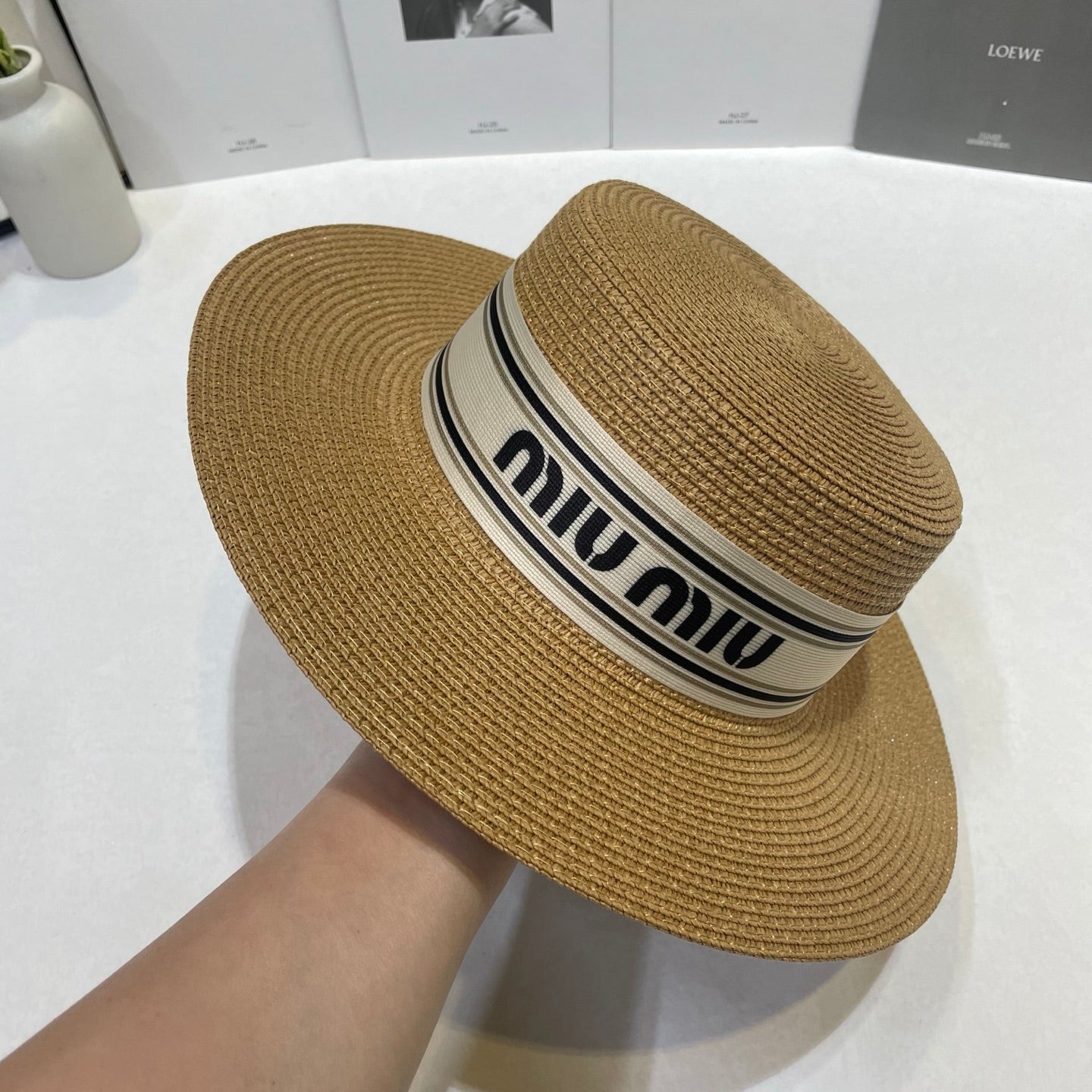 MIUMIU 26S STRAW BOATER HAT IN BROWN 343685