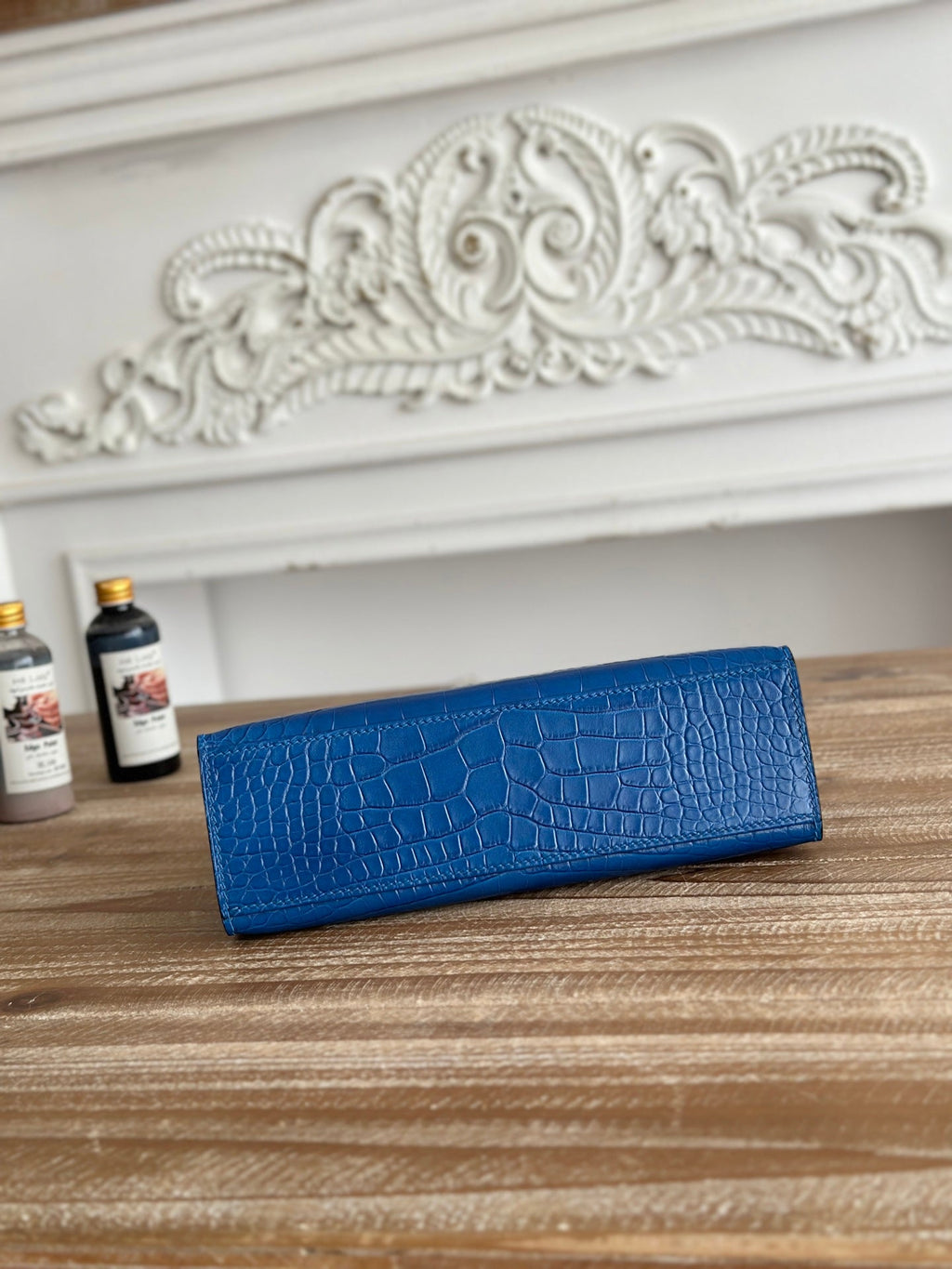 HM 25S KELLY MINI 22 CM IN COBALT BLUE LAMBSKIN WITH CROCODILE EMBOSSING AND SILVER HARDWARE