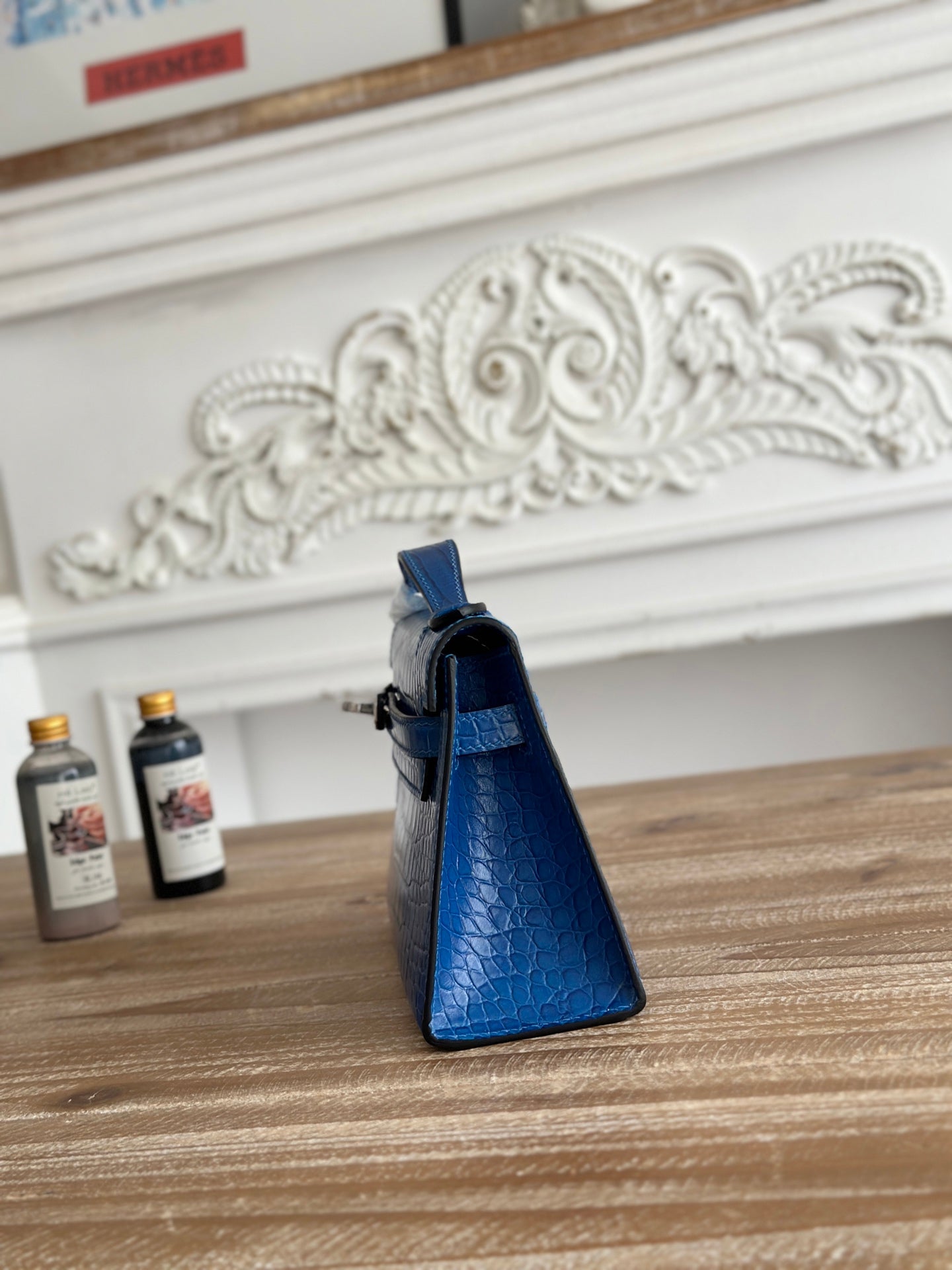 HM 25S KELLY MINI 22 CM IN COBALT BLUE LAMBSKIN WITH CROCODILE EMBOSSING AND SILVER HARDWARE