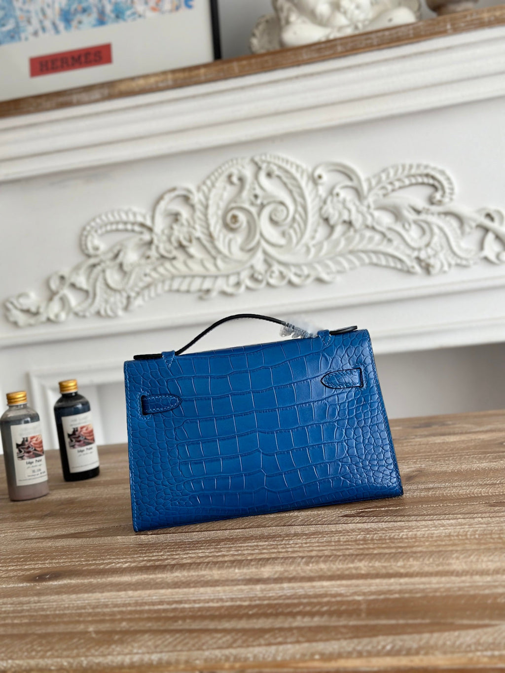 HM 25S KELLY MINI 22 CM IN COBALT BLUE LAMBSKIN WITH CROCODILE EMBOSSING AND SILVER HARDWARE