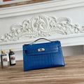 HM 25S KELLY MINI 22 CM IN COBALT BLUE LAMBSKIN WITH CROCODILE EMBOSSING AND SILVER HARDWARE