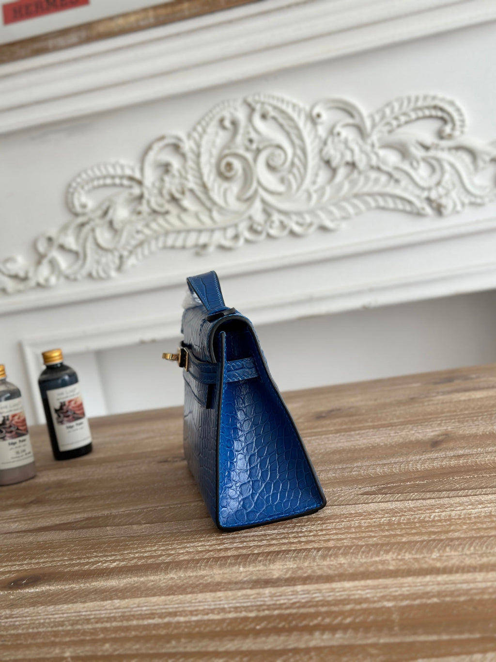 HM 26S KELLY MINI 22CM IN DARK BLUE CROC EMBOSSED CALFSKIN GOLD KELLY BUCKLE