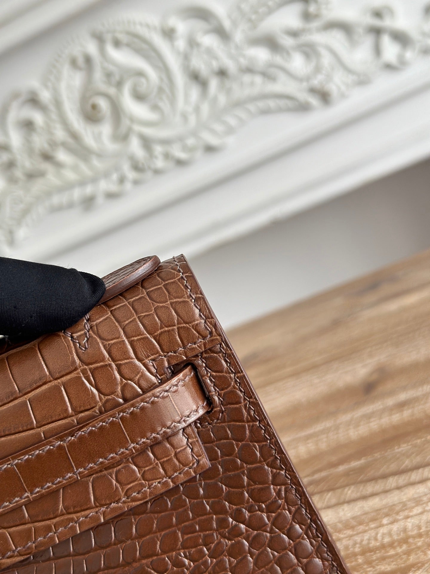 HM 25S KELLY MINI 22 CM IN BROWN LAMBSKIN WITH CROCODILE EMBOSSING AND SILVER HARDWARE