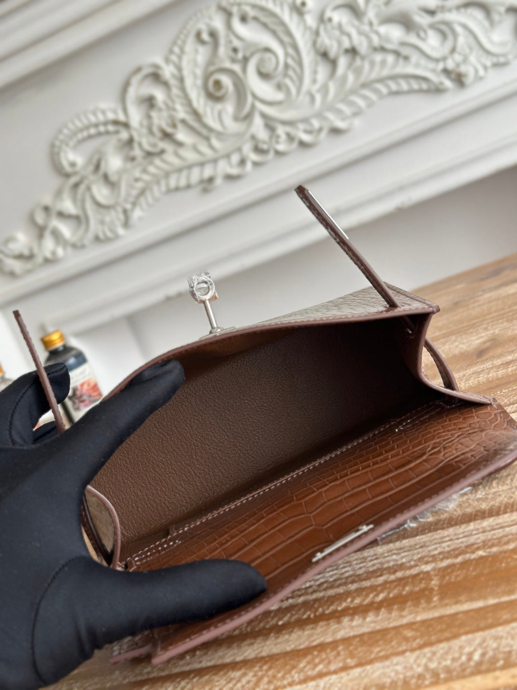 HM 25S KELLY MINI 22 CM IN BROWN LAMBSKIN WITH CROCODILE EMBOSSING AND SILVER HARDWARE
