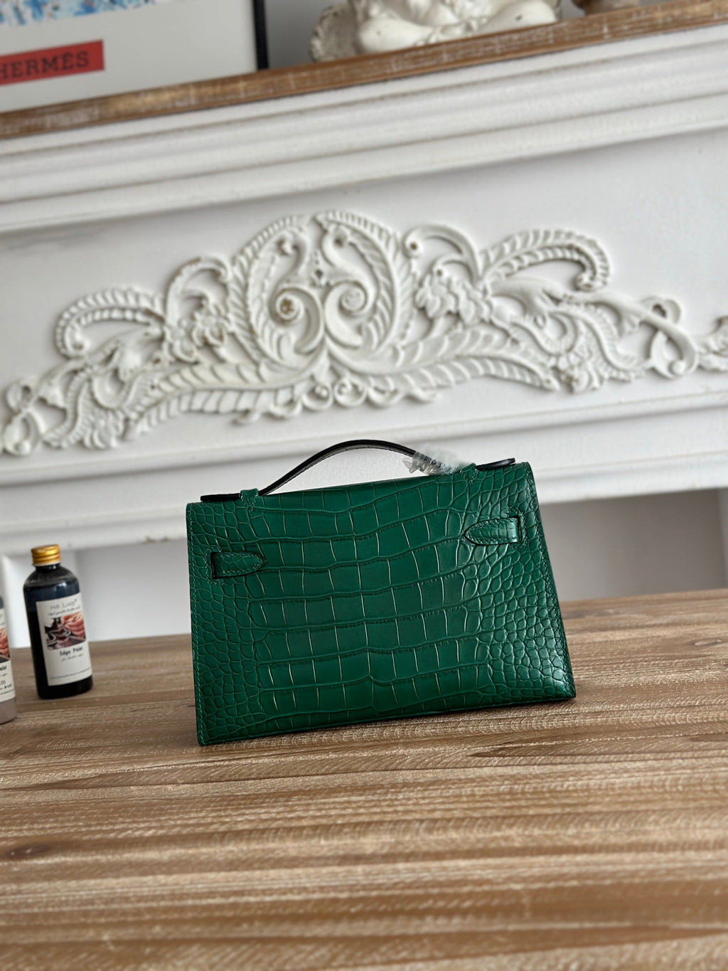 HM 25S KELLY MINI 22 CM IN DARK GREEN LAMBSKIN WITH CROCODILE EMBOSSING AND GOLD HARDWARE