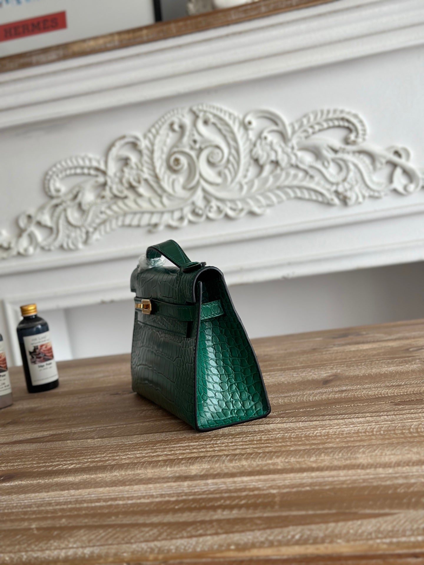 HM 26S KELLY MINI 22CM IN DARK GREEN CROC EMBOSSED CALFSKIN GOLD KELLY BUCKLE
