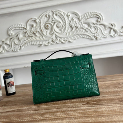 HM 26S KELLY MINI 22CM IN DARK GREEN CROC EMBOSSED CALFSKIN SILVER KELLY BUCKLE