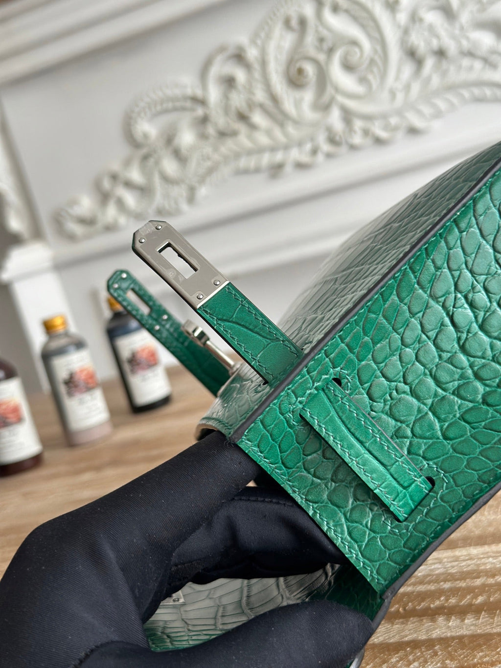 HM 26S KELLY MINI 22CM IN DARK GREEN CROC EMBOSSED CALFSKIN SILVER KELLY BUCKLE