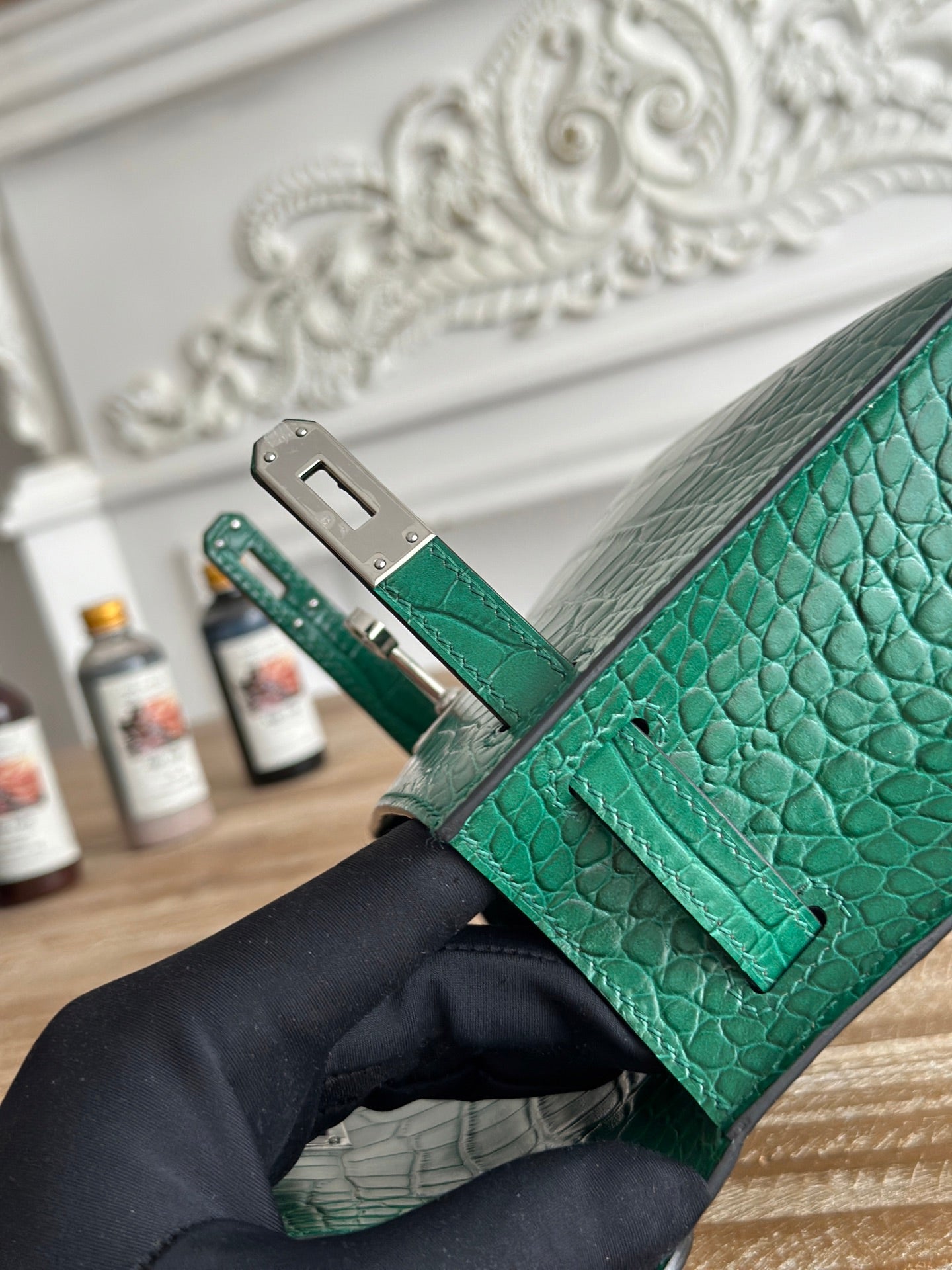 HM 26S KELLY MINI 22CM IN DARK GREEN CROC EMBOSSED CALFSKIN SILVER KELLY BUCKLE