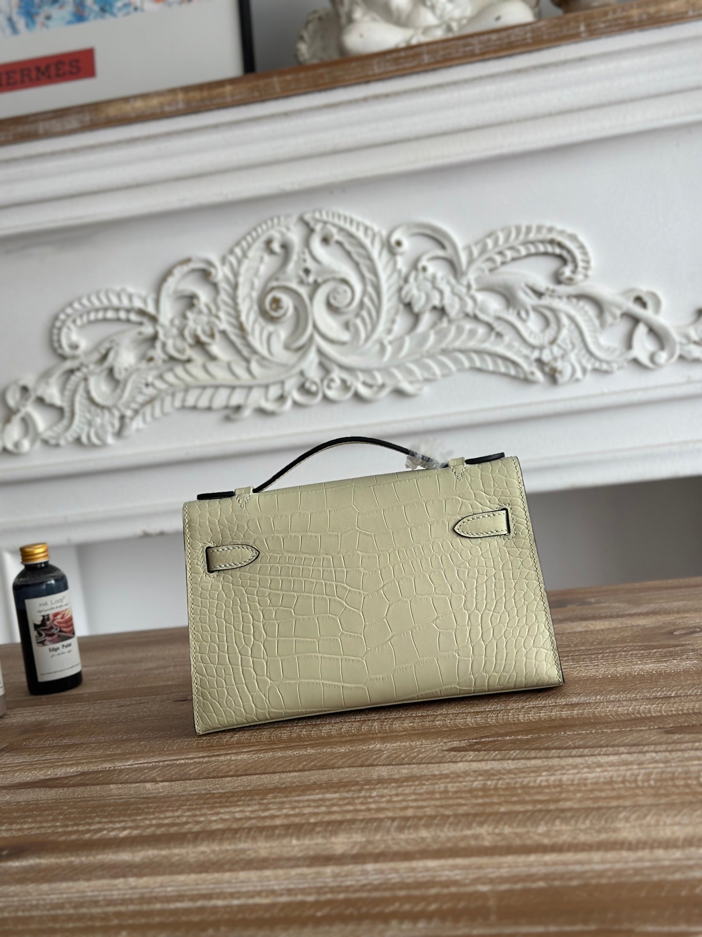 HM 26S KELLY MINI 22CM IN BEIGE CROC EMBOSSED CALFSKIN SILVER KELLY BUCKLE
