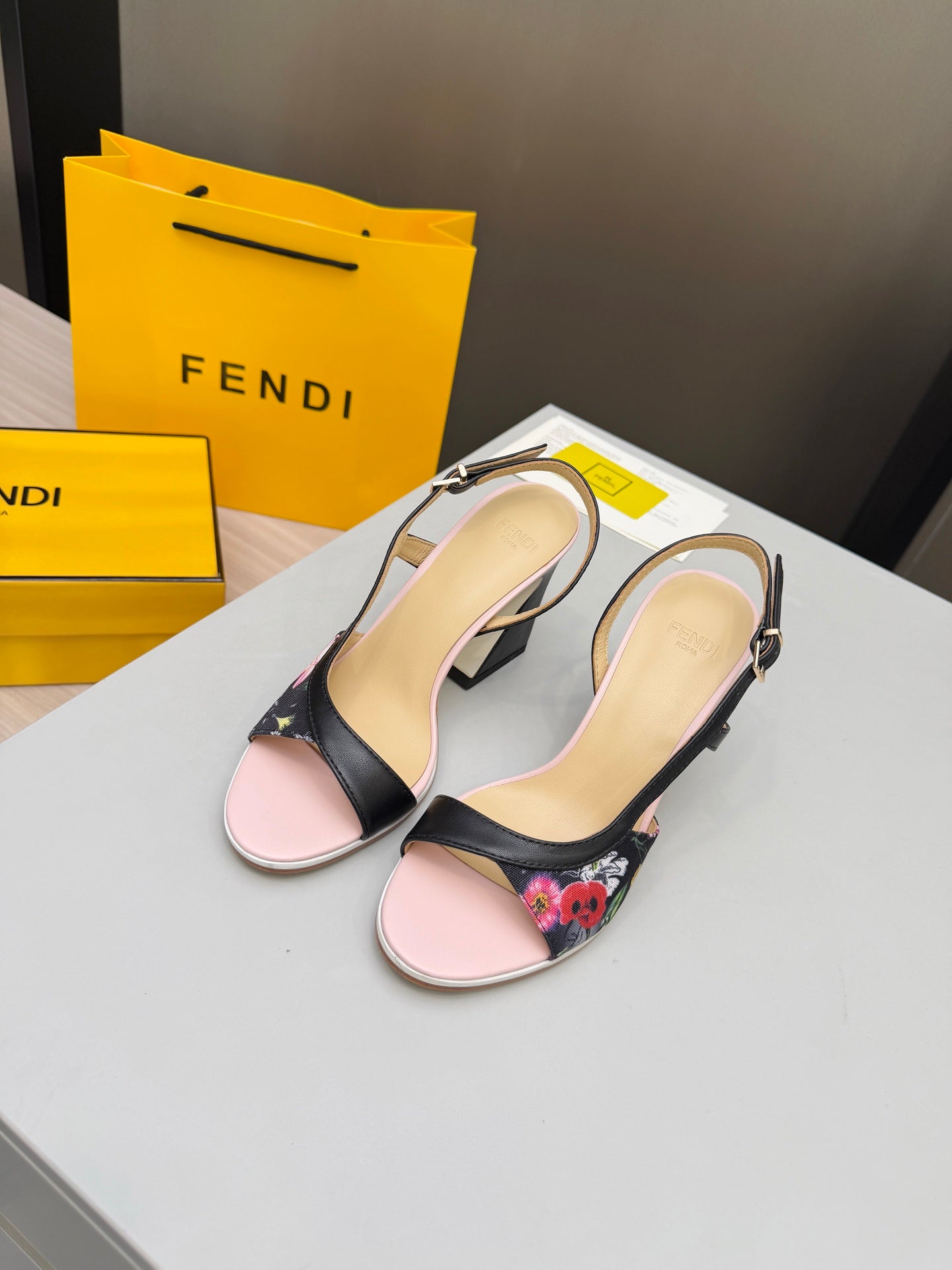 FENDI 26S SLINGBACK SANDALS IN BLACK CALFSKIN AND CANVAS