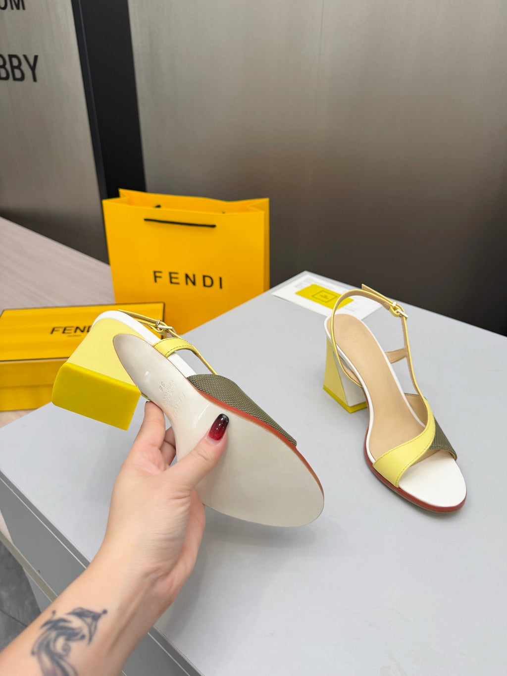 FENDI 26S SLINGBACK SANDALS IN YELLOW CALFSKIN AND GREEN CANVAS