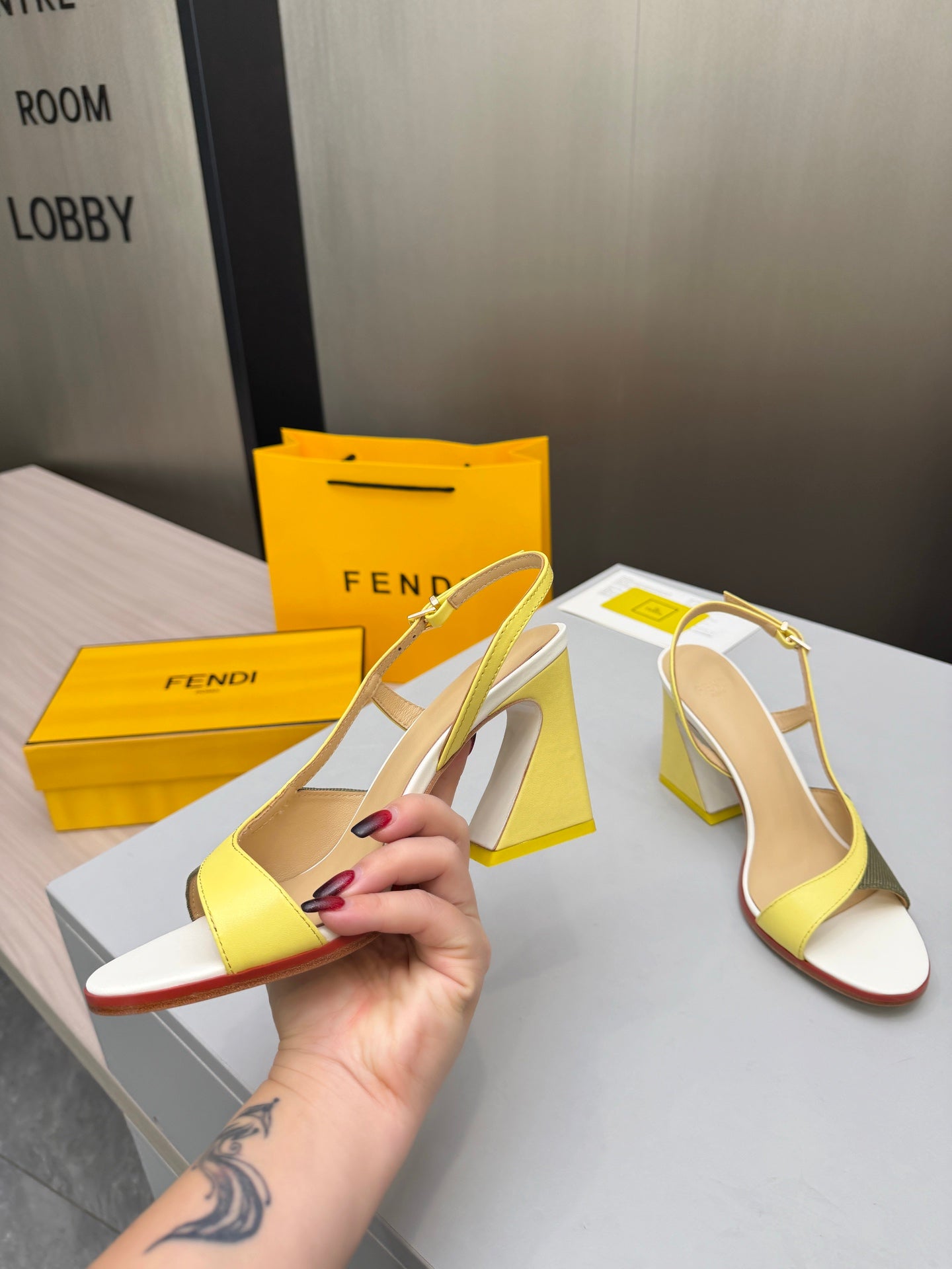 FENDI 26S SLINGBACK SANDALS IN YELLOW CALFSKIN AND GREEN CANVAS