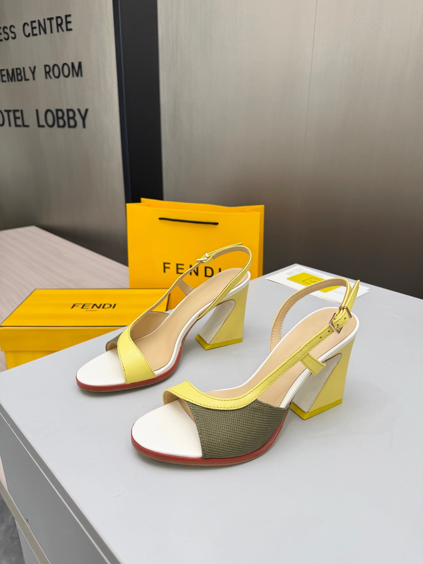 FENDI 26S SLINGBACK SANDALS IN YELLOW CALFSKIN AND GREEN CANVAS