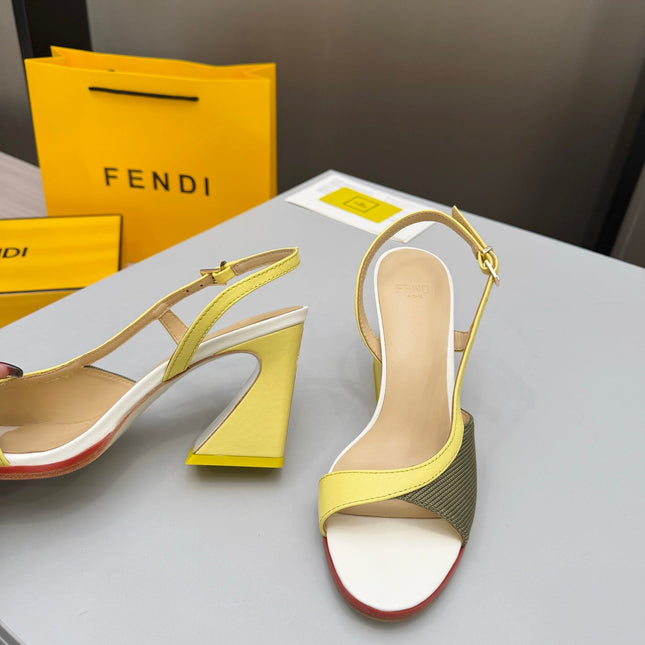 FENDI 26S SLINGBACK SANDALS IN YELLOW CALFSKIN AND GREEN CANVAS