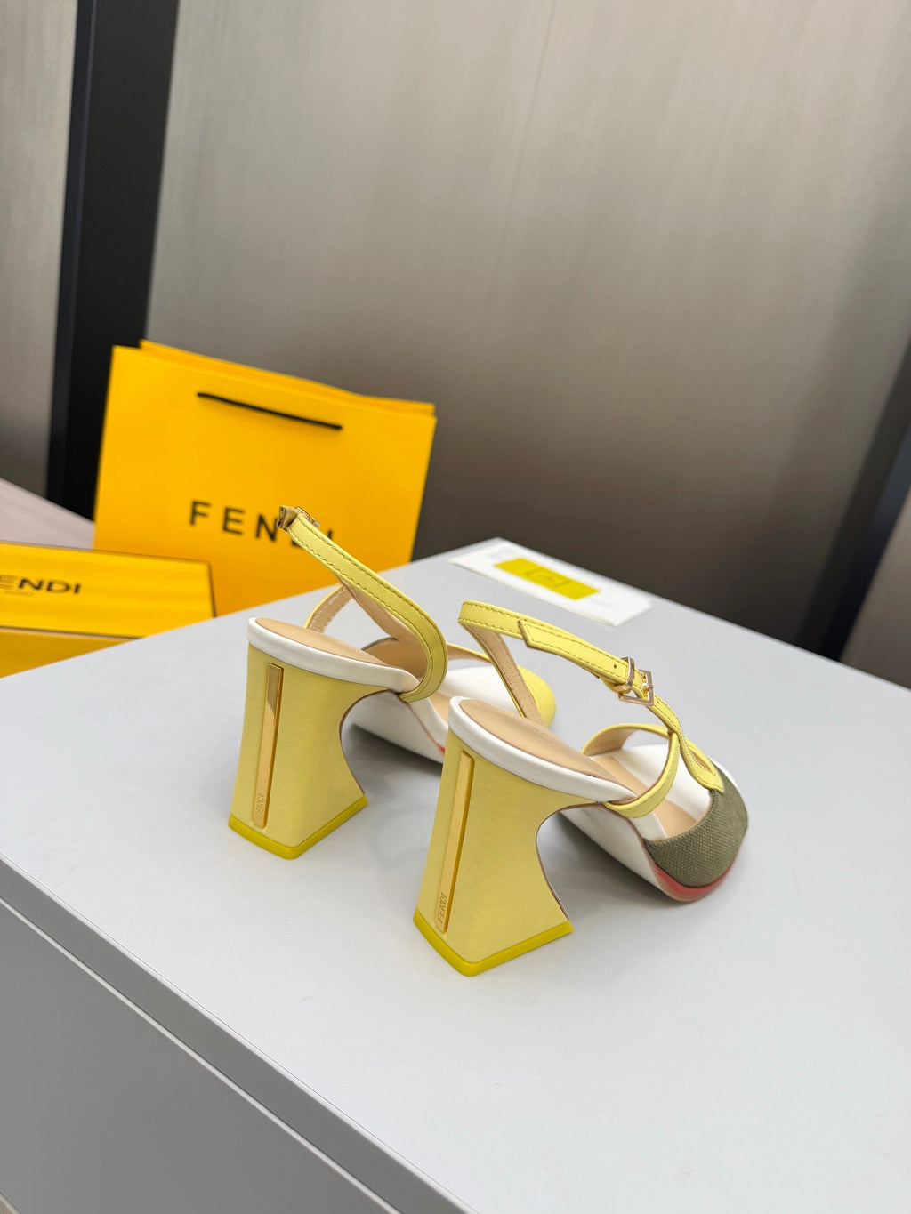 FENDI 26S SLINGBACK SANDALS IN YELLOW CALFSKIN AND GREEN CANVAS