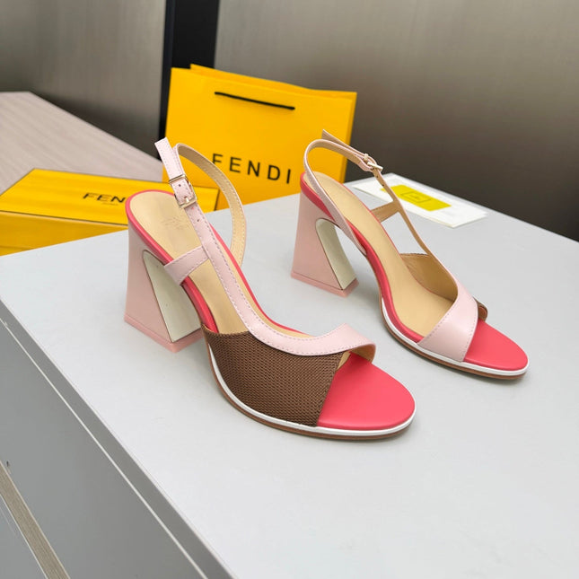 FENDI 26S SLINGBACK SANDALS IN LIGHT PINK CALFSKIN AND BROWN CANVAS
