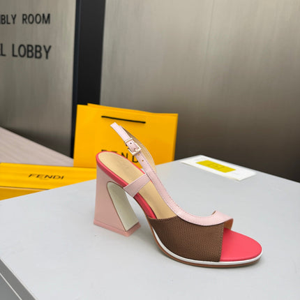 FENDI 26S SLINGBACK SANDALS IN LIGHT PINK CALFSKIN AND BROWN CANVAS