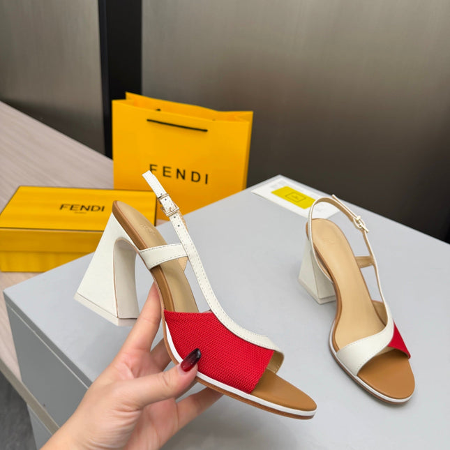 FENDI 26S SLINGBACK SANDALS IN WHITE CALFSKIN AND RED CANVAS