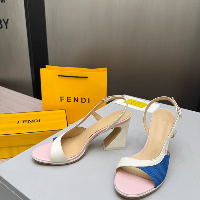 FENDI 26S SLINGBACK SANDALS IN WHITE CALFSKIN AND BLUE CANVAS