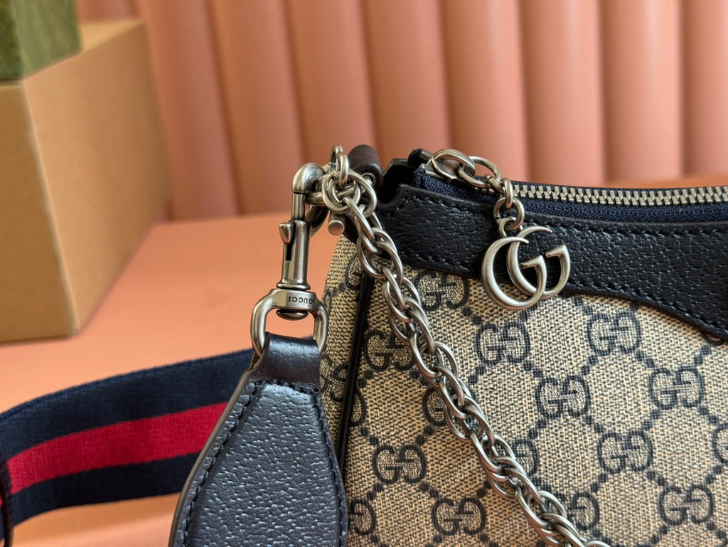 OPHIDIA SHOULDER BAG 25 IN GREY EBONY CANVAS AND BLACK LAMBSKIN SILVER HARDWARE