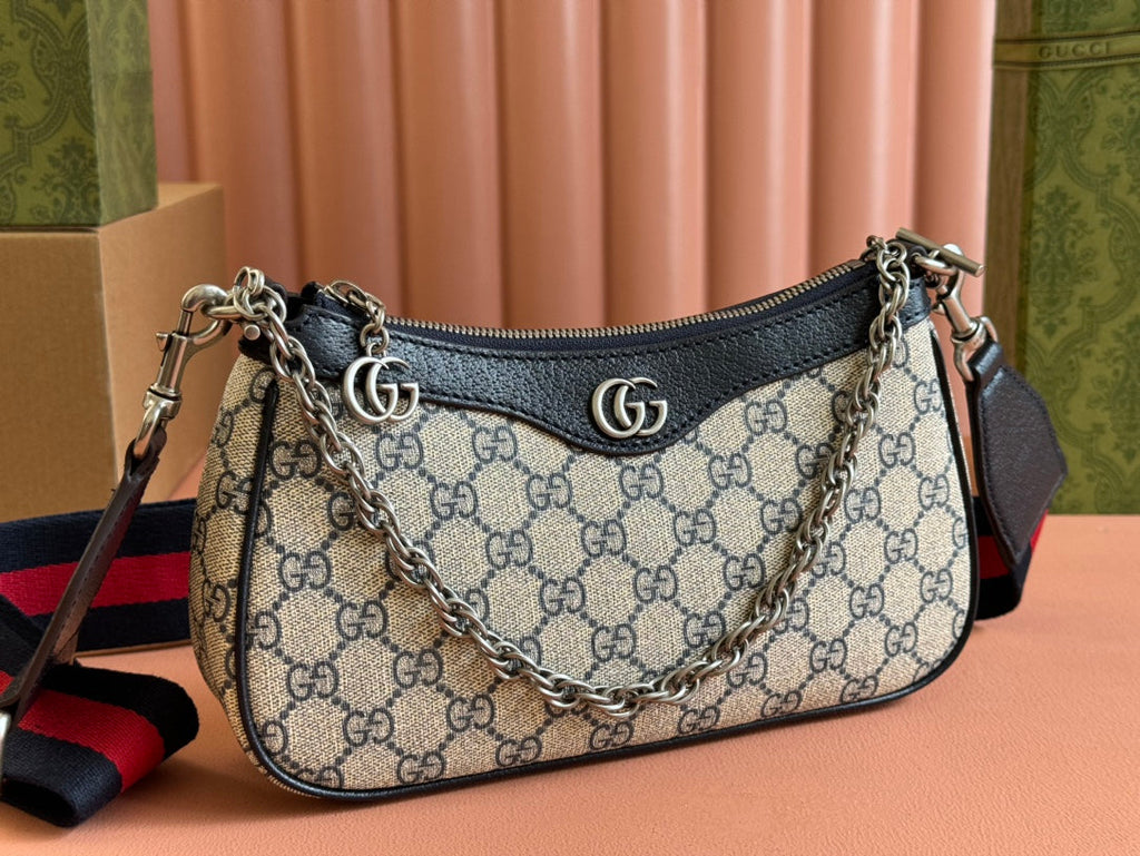 OPHIDIA SHOULDER BAG 25 IN GREY EBONY CANVAS AND BLACK LAMBSKIN SILVER HARDWARE