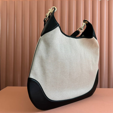 BODY MEDIUM SHOULDER BAD 49 IN NATURAL CANVAS AND BLACK CALFSKIN GOLD HARDWARE