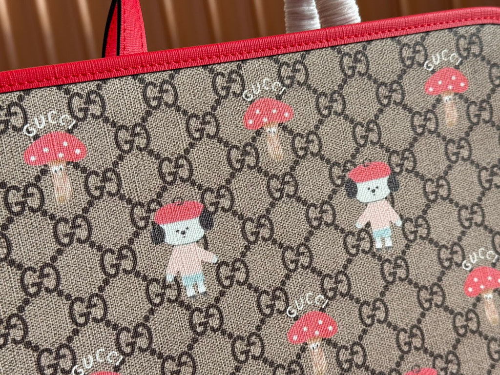 CHILDREN'S PRINTED DOG TOTE BAG 28.5 IN BEIGE AND DARK BROWN GG CANVAS RED TRIM