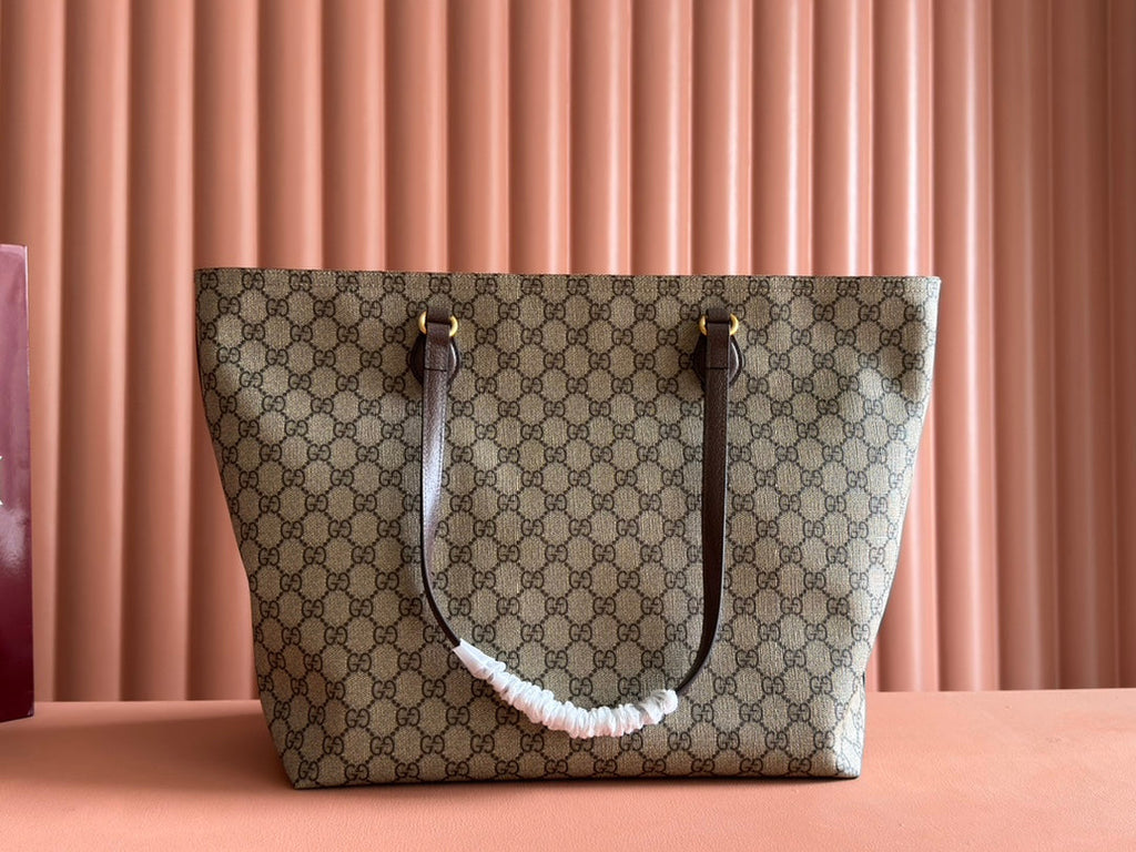 SUPREME MEDIUM TOTE BAG 38 IN BEIGE AND BROWN GG COATED FABRIC BROWN CALFSKIN
