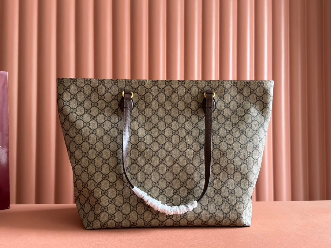 SUPREME MEDIUM TOTE BAG 38 IN BEIGE AND BROWN GG COATED FABRIC BROWN CALFSKIN