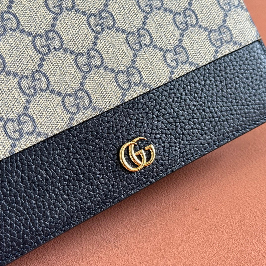 GG MARMONT WALLET ON CHAIN 20 BLUE PVC AND BEIGE IN CALFSKIN