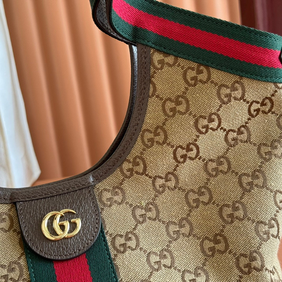 GUCCI GIGLIO TOTE BAG 25 IN BEIGE AND DARK BROWN GG CANVAS