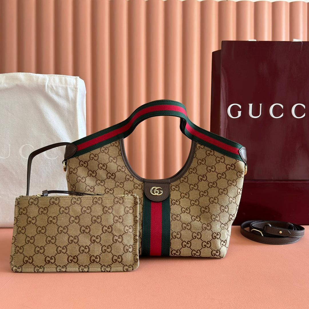 GUCCI GIGLIO TOTE BAG 25 IN BEIGE AND DARK BROWN GG CANVAS