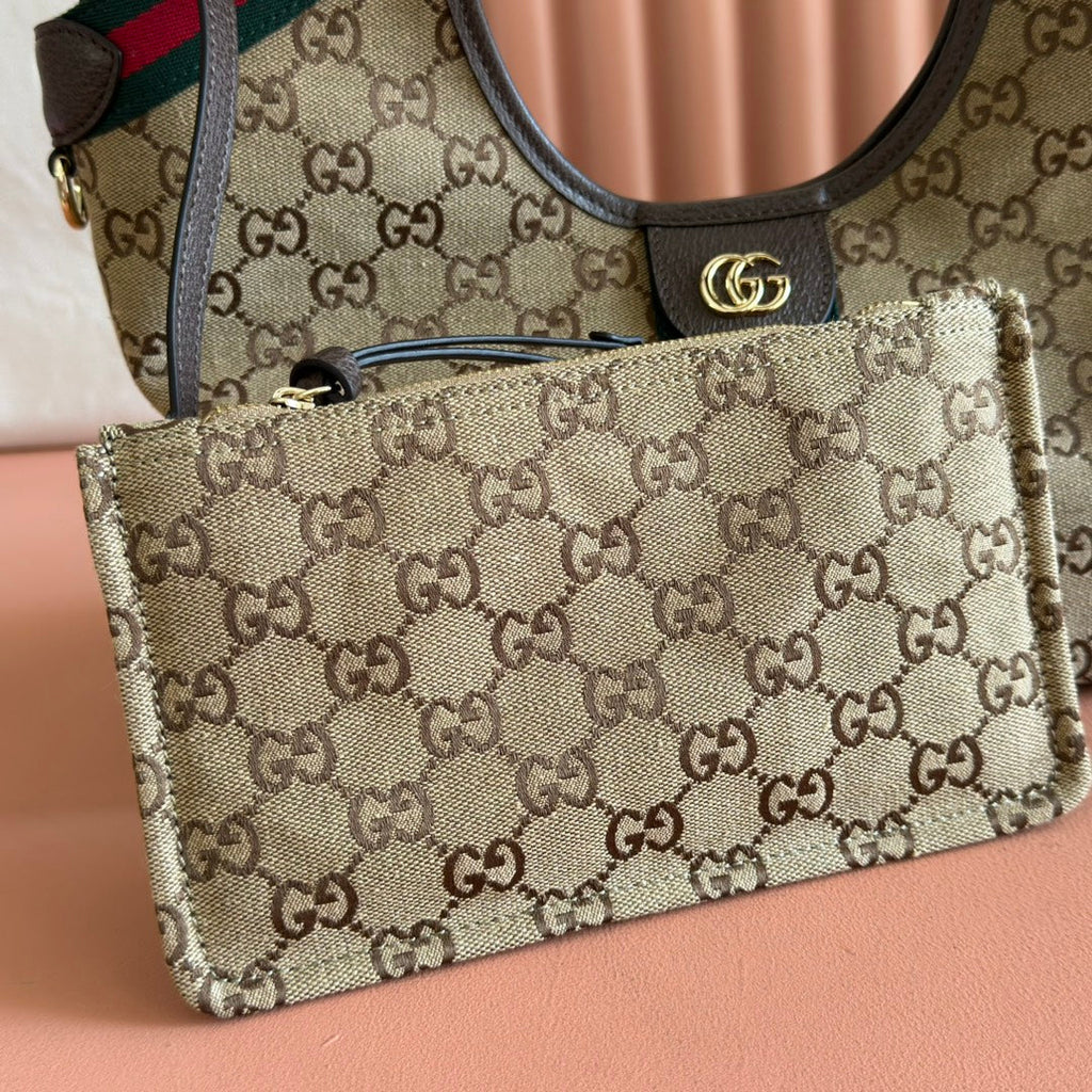 GUCCI GIGLIO TOTE BAG 25 IN BEIGE AND DARK BROWN GG CANVAS