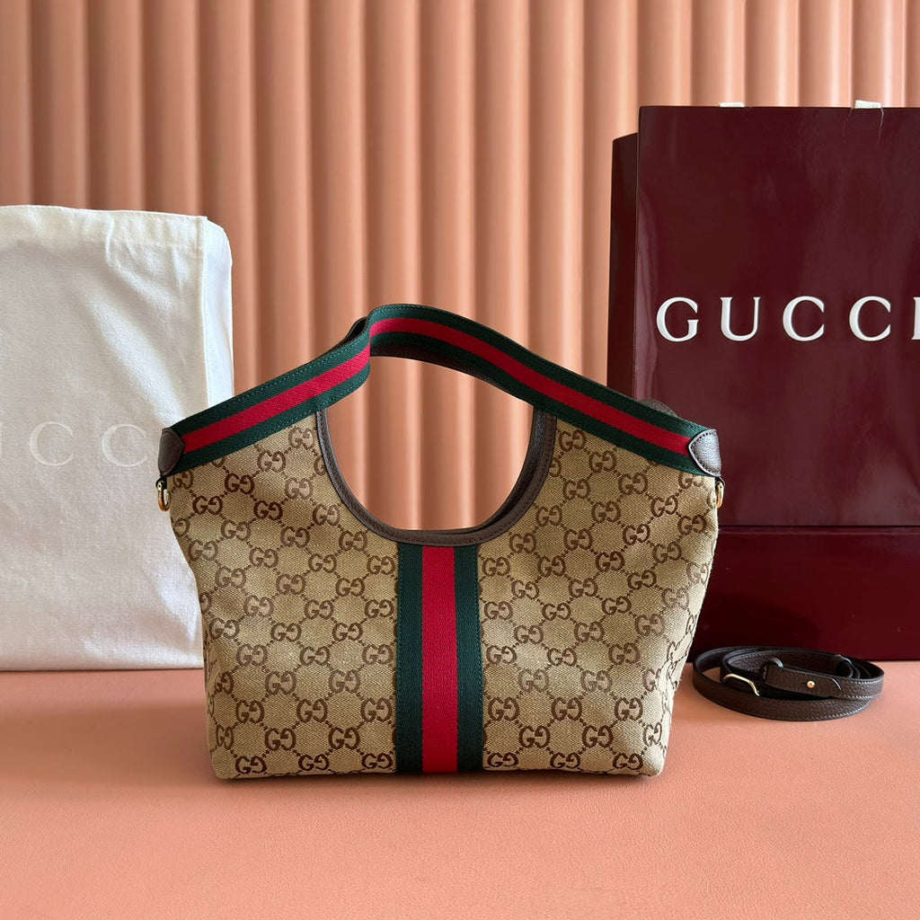 GUCCI GIGLIO TOTE BAG 25 IN BEIGE AND DARK BROWN GG CANVAS