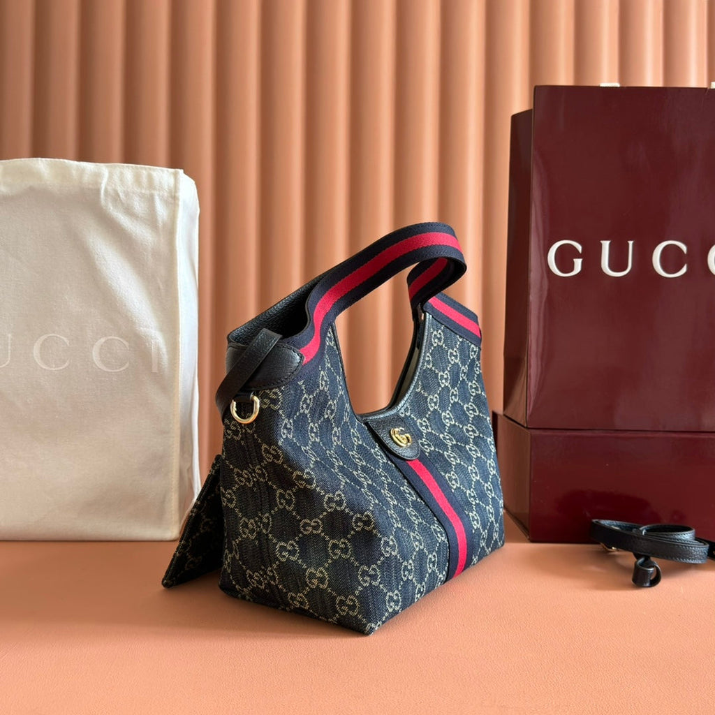 GUCCI GIGLIO TOTE BAG 25 CM IN NAVY BLUE MONOGRAM DENIM