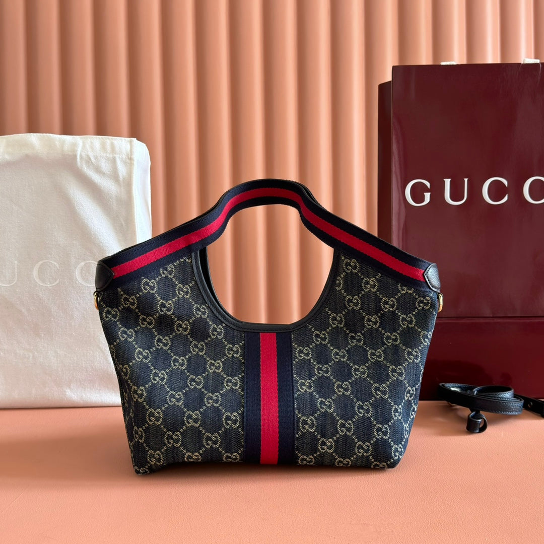 GUCCI GIGLIO TOTE BAG 25 CM IN NAVY BLUE MONOGRAM DENIM