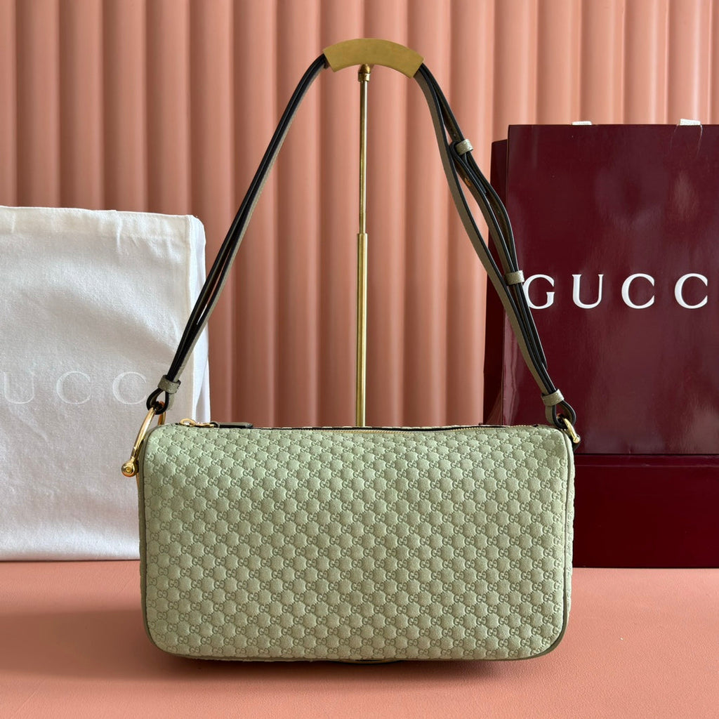 GUCCI 26S SHOULDER BAG 31 IN LIGHT GREEN EMBOSSED SUEDE