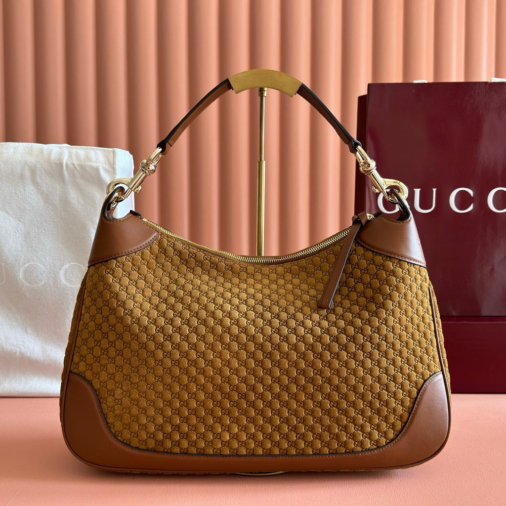 GUCCI 26S SHOULDER BAG 40 IN BROWN EMBOSSED SUEDE