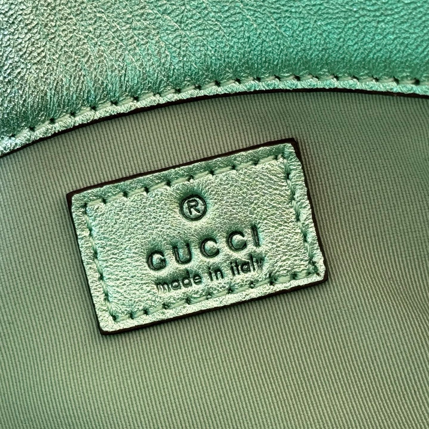 GUCCI 26S GG MARMONT BAG 16 IN METALLIC PALE GREEN LAMBSKIN