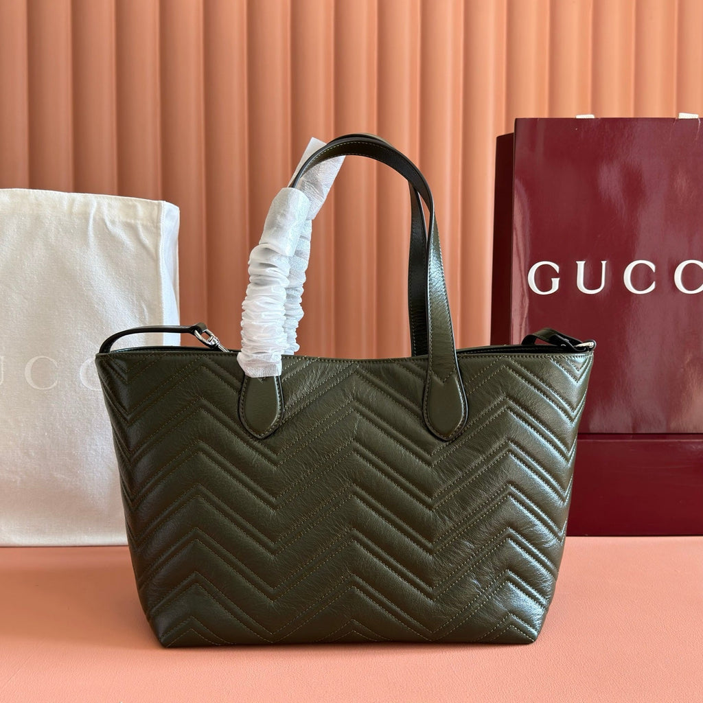 GUCCI 26S GG MARMONT TOTE BAG 30 IN MOSS GREEN CALFSKIN