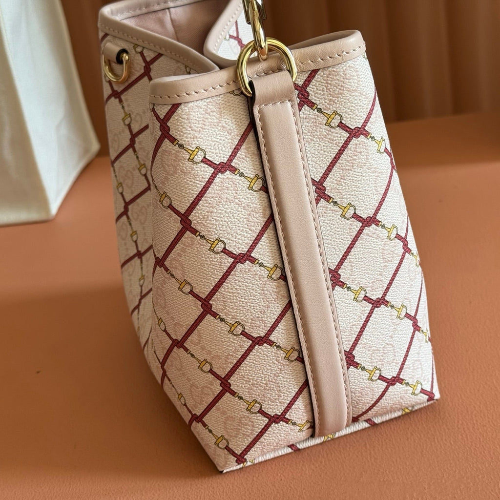 GUCCI 26S GG EMBLEM BUCKET BAG 19 IN LIGHT PINK COATED FABRIC