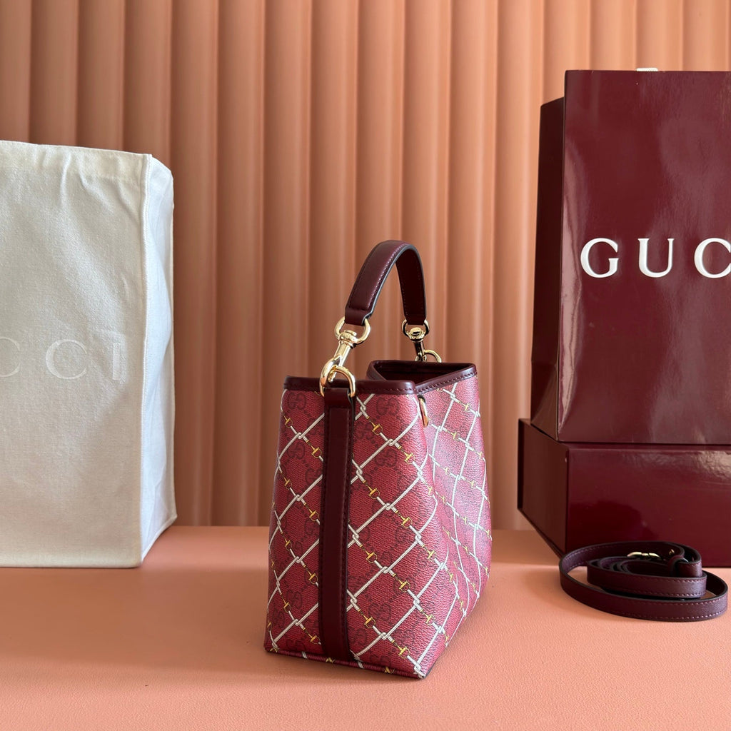 GUCCI 26S GG EMBLEM BUCKET BAG 19 IN DARK RED COATED FABRIC