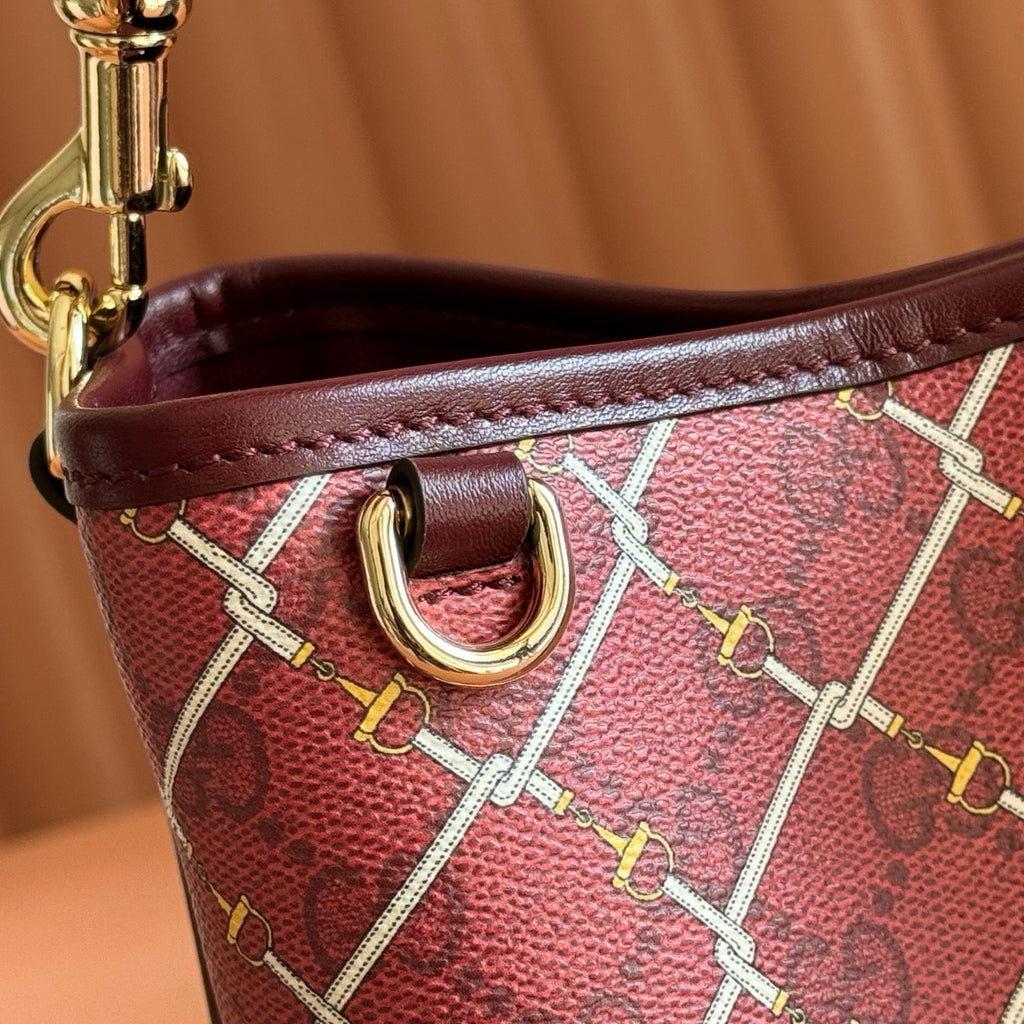 GUCCI 26S GG EMBLEM BUCKET BAG 19 IN DARK RED COATED FABRIC