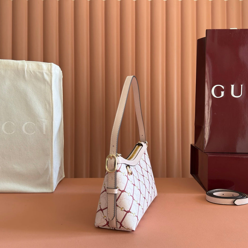 GUCCI 26S GG EMBLEM BUCKET BAG 22 IN LIGHT PINK COATED FABRIC
