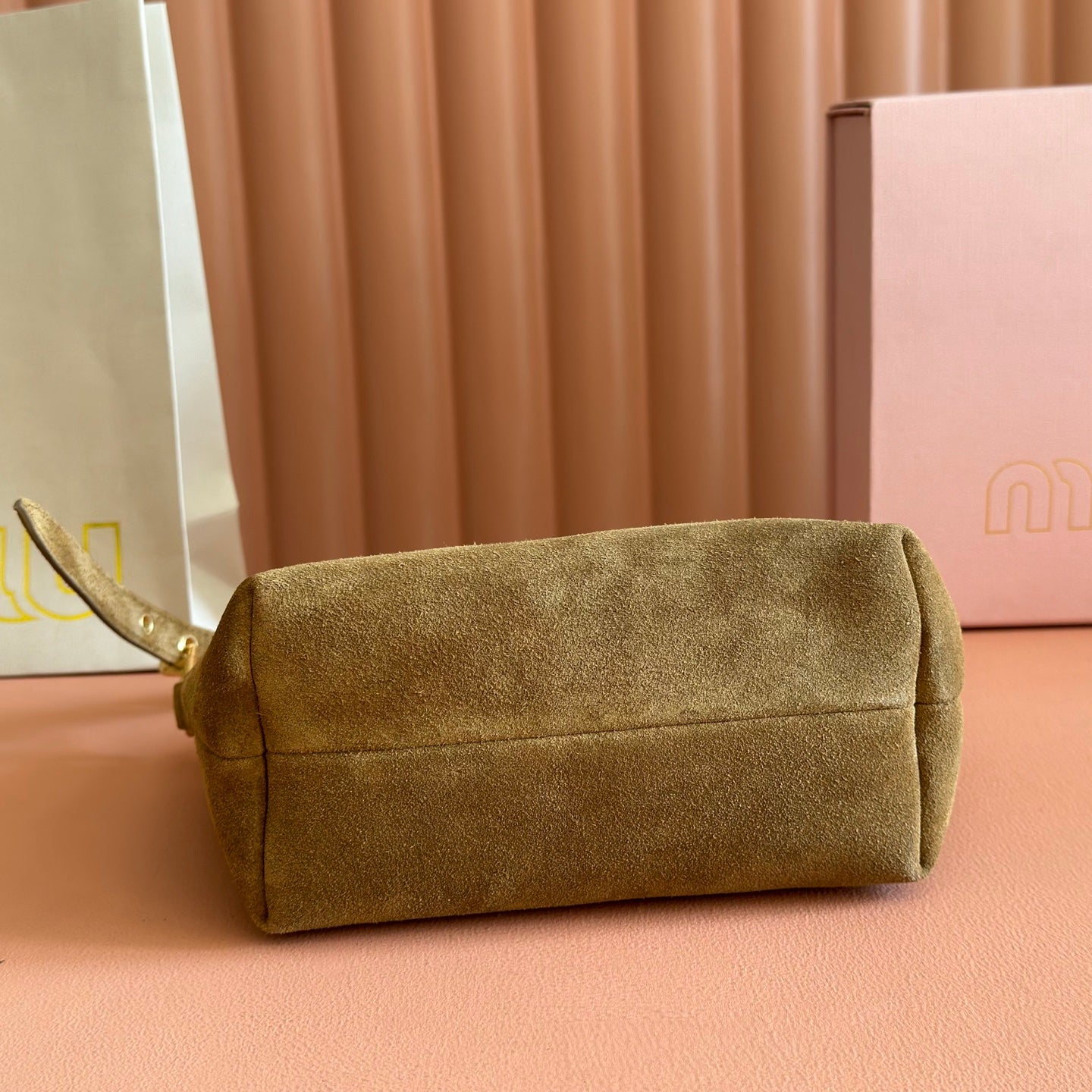 MIUMIU 26S CORDUROY POUCH BAG 25 IN LIGHT BROWN SUEDE