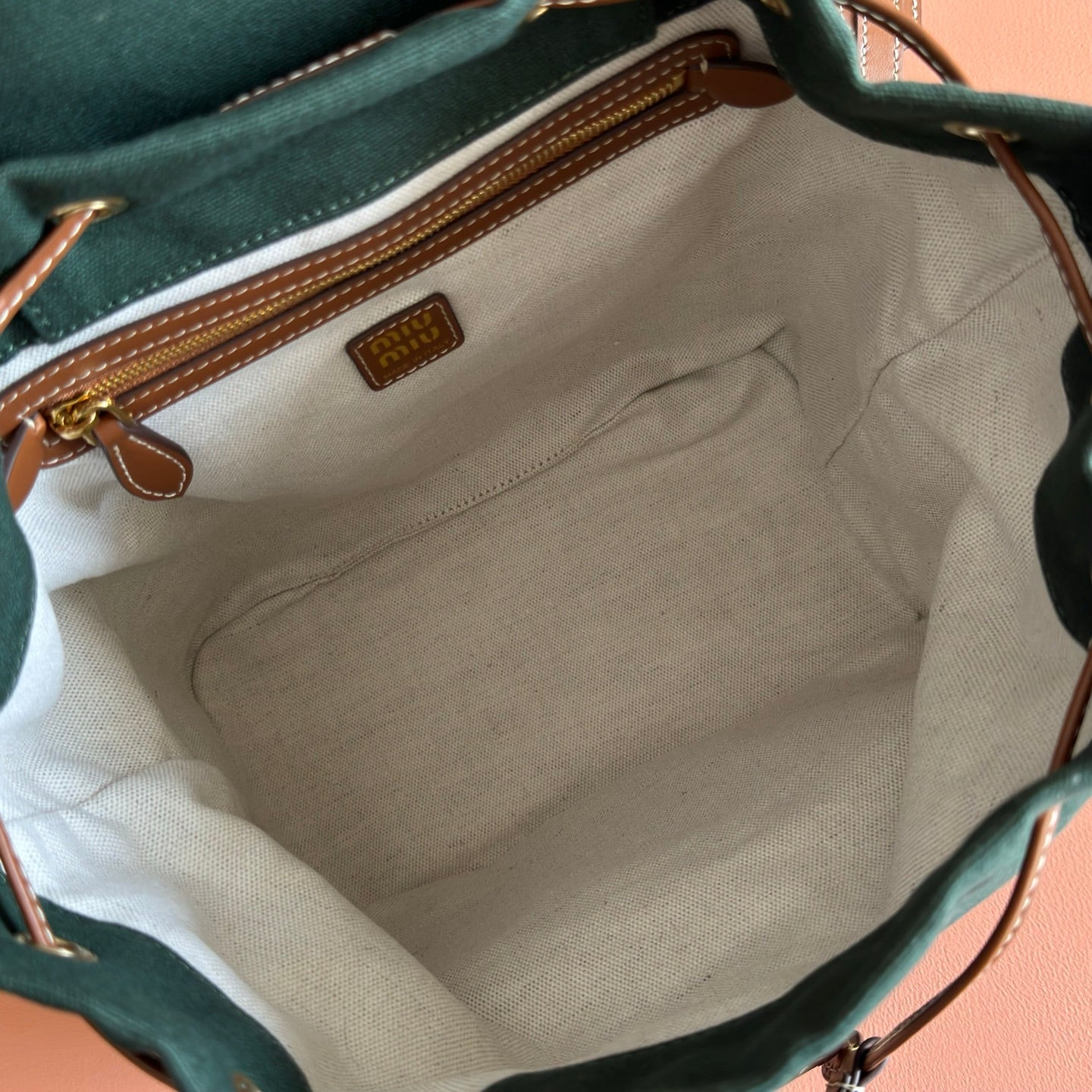 MIUMIU 26S MEDIUM BACKPACK 29 IN DARK GREEN CANVAS AND BROWN CALFSKIN