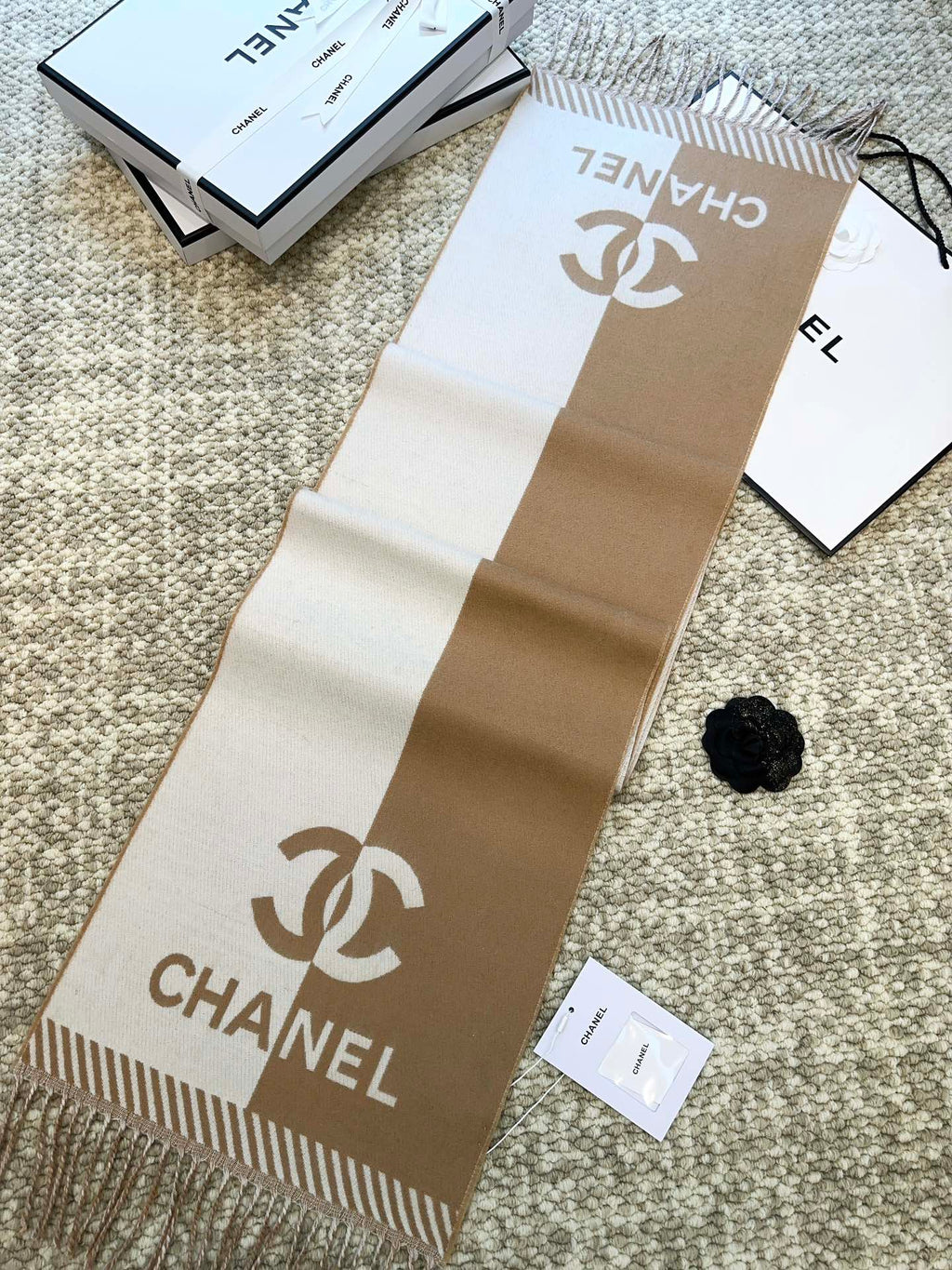 SCARF 184 CM IN PEANUT BROWN MIX WHITE MERINO WOOL 393121